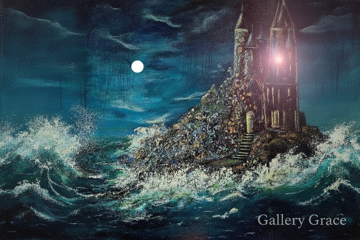 Tempests Embrace by Cat Tremaine-Tucker - An original painting created using canvas and crushed eggshells, acrylics and oils. The eggshells help create the rugged affect of the rocks.