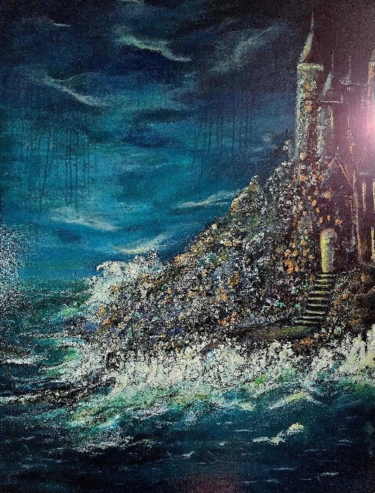 Tempests Embrace by Cat Tremaine-Tucker - An original painting created using canvas and crushed eggshells, acrylics and oils. The eggshells help create the ruged affect of the rocks.