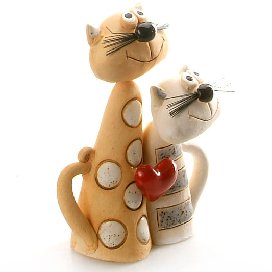 Handcrafted Ceramic Magical Cat Couple - Red Heart Accent