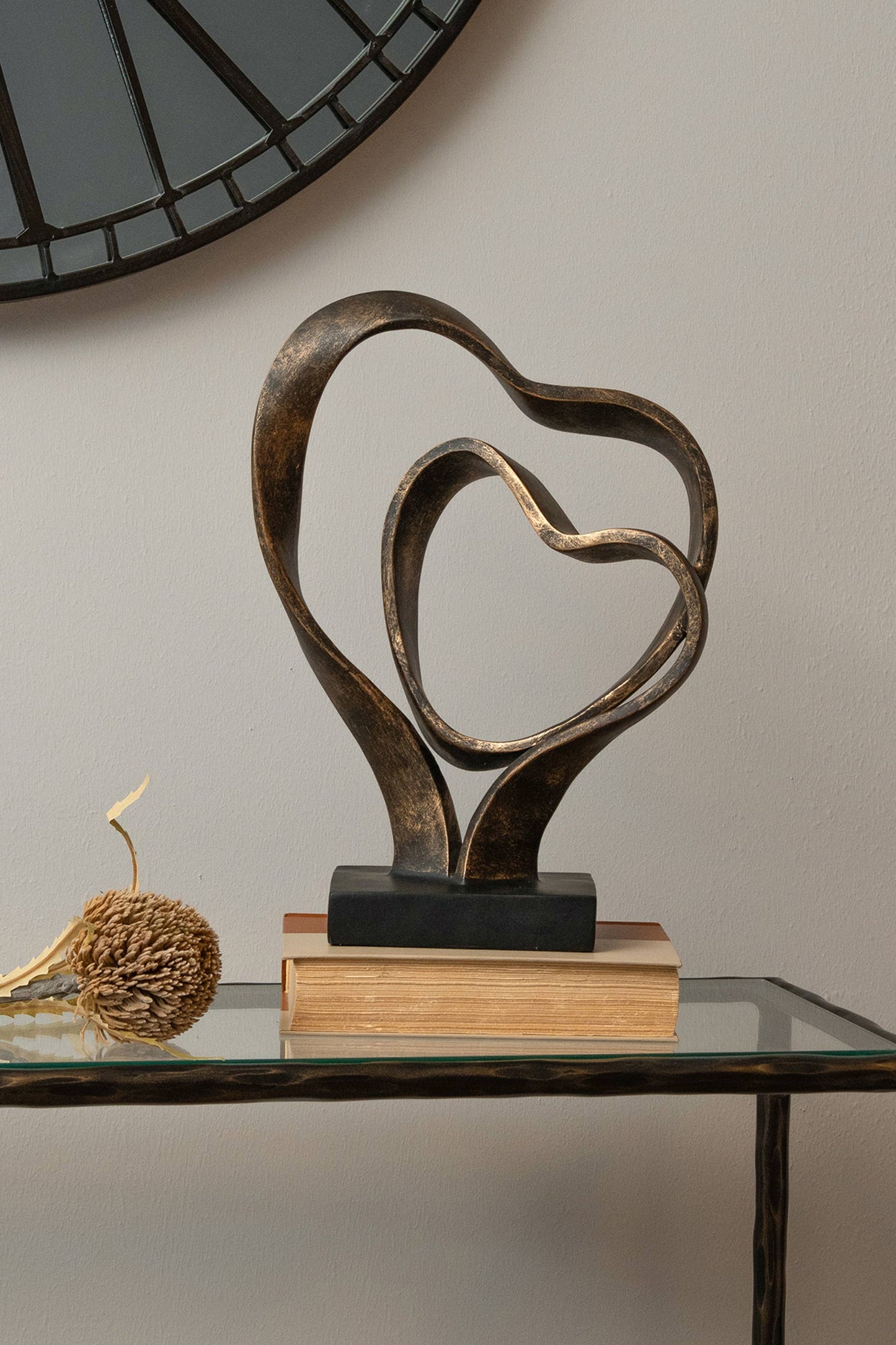 Double Heart Sculpture: Bronze; Black / 60% Stone; 40% Polyresin