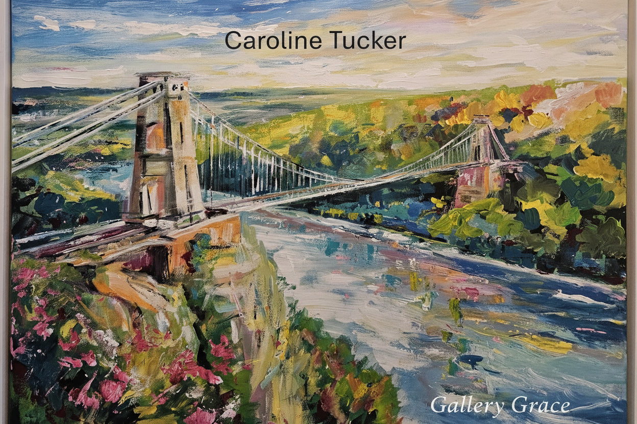 Painting of a suspension bridge over a river with colorful landscape, signed 'Caroline Tucker' and credited to 'Gallery Grace'.