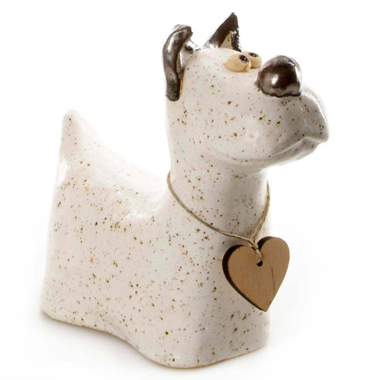 Terrier Dog with Wooden Heart Ceramic Figurine | Various Col: White